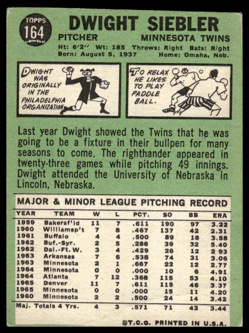 1967 Topps #164 Dwight Siebler Minnesota Twins Very Good