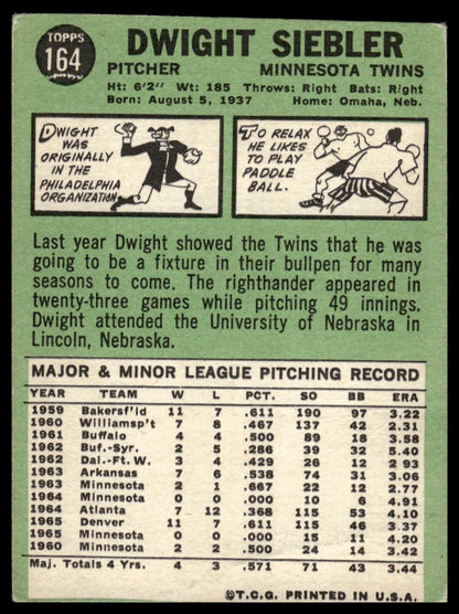 1967 Topps #164 Dwight Siebler Minnesota Twins Very Good