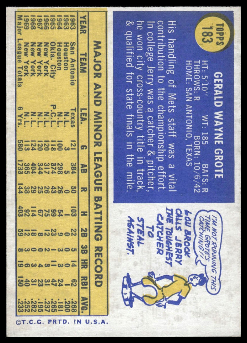 1970 Topps #183 Jerry Grote New York Mets Excellent