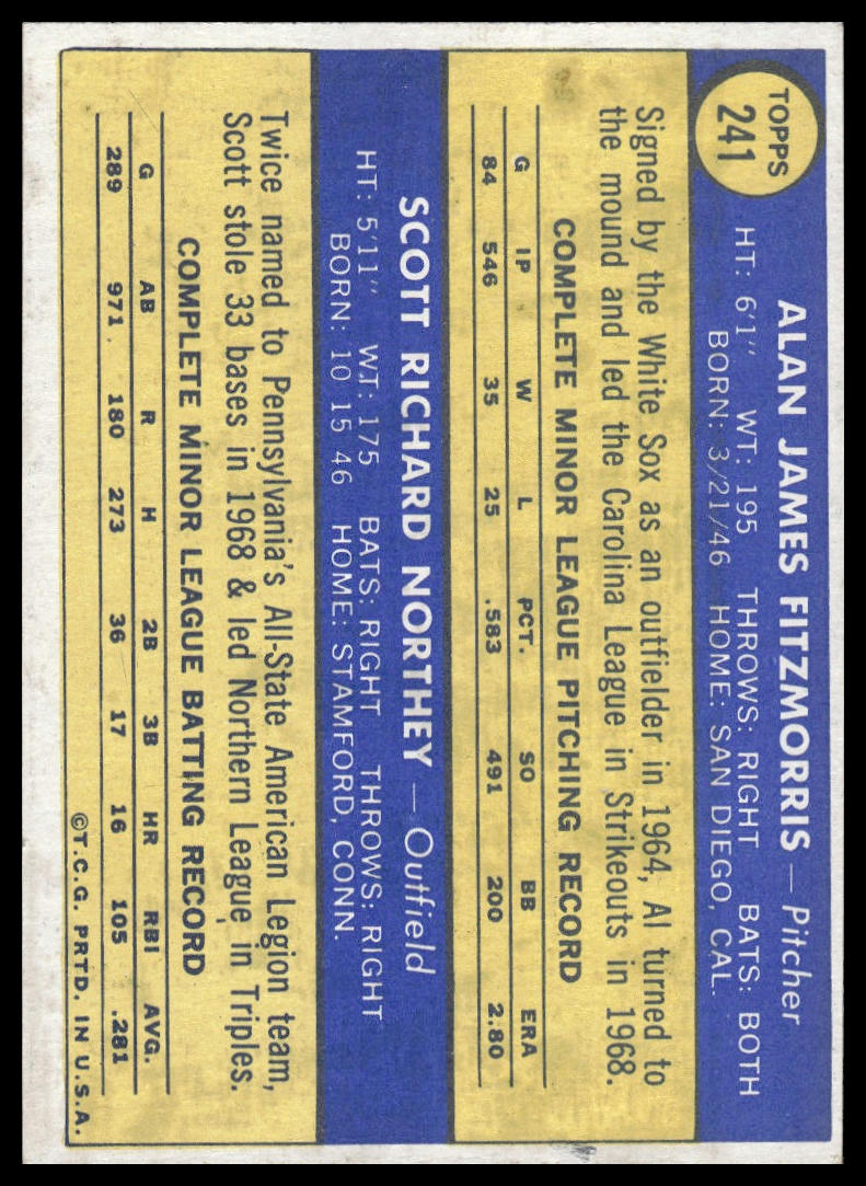 1970 Topps #241 (Al Fitzmorris / Scott Northey) Kansas City Royals Rookie EX