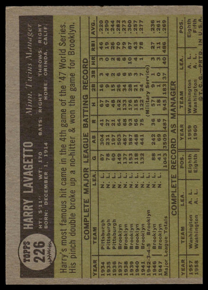 1961 Topps #226 Harry Lavagetto Minnesota Twins Excellent