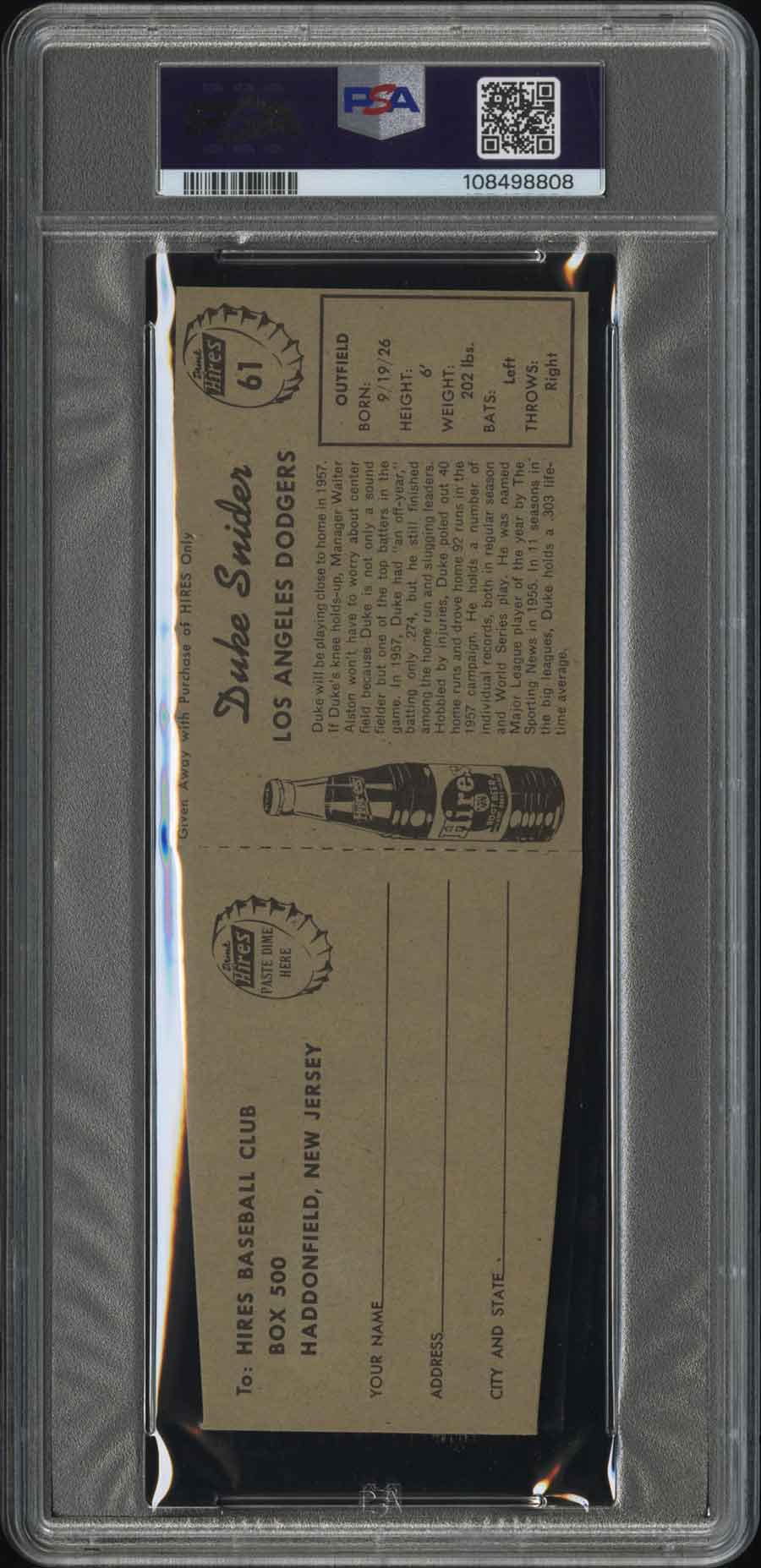 1958 Hires Root Beer Duke Snider With Tab PSA 7 Near Mint HOF